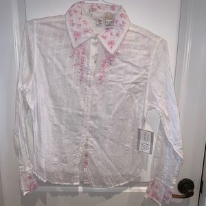 Button down with pink floral & rhinestone accents